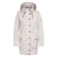 Hellbeige Damenparka mit Kapuze, mit schwarzen Knöpfen, zwei Fronttaschen und dekorativen Schulterriemen.