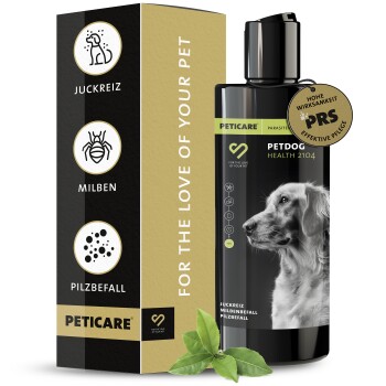 Schwarze Flasche von Peticare Petdog Health 2104 Shampoo mit dem Profil eines Golden Retrievers, mit grünen Blättern an der Basis.