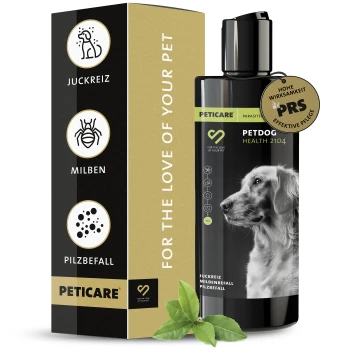 Schwarze Flasche von Peticare Petdog Health 2104 Shampoo mit dem Profil eines Golden Retrievers, mit grünen Blättern an der Basis.