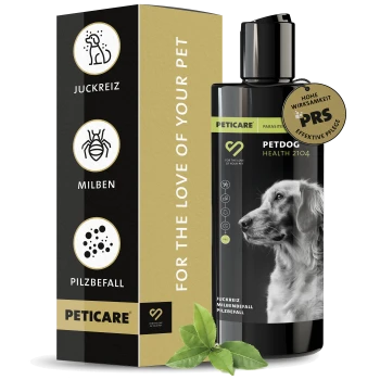 Schwarze Flasche von Peticare Petdog Health 2104 Shampoo mit dem Profil eines Golden Retrievers, mit grünen Blättern an der Basis.
