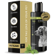 Schwarze Flasche von Peticare Petdog Health 2104 Shampoo mit dem Profil eines Golden Retrievers, mit grünen Blättern an der Basis.