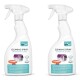 OptiPet Reinigungs-Sprühflasche für Katzenkäfige und -toiletten, mit einem weißen Design, einem lila Deckel und einem orangefarbenen Tablett.