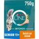 Sac de nourriture pour chats Purina ONE Bifensis, 750g, avec un chat gris fluffy, étiqueté "Senior 11+" et "Reich an Huhn" (riche en poulet).