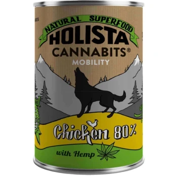 Boîte de super-aliment naturel pour animaux de compagnie, étiquetée "Holista Cannabits Mobility," avec une silhouette de chien, avec "Poulet 80% avec Chanvre."