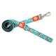 Blaue Hundeleine mit Popcorn-Eimer-Muster und orangefarbenen "Max & Molly Urban Pets"-Etiketten, Metallclip auf weißem Hintergrund.