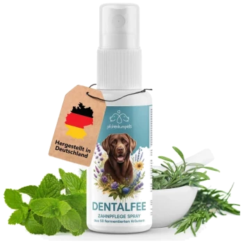 Zahnpflegespray für Haustiere, mit der Aufschrift "DENTALFEE," mit einer Hundillustration, daneben Kräuter und Minzblätter.
