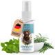 Zahnpflegespray für Haustiere, mit der Aufschrift "DENTALFEE," mit einer Hundillustration, daneben Kräuter und Minzblätter.