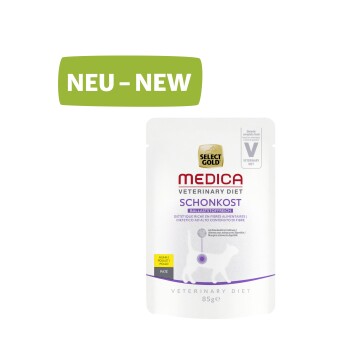 Select Gold Medica Veterinärdiätbeutel für Katzen, 85g, mit der Aufschrift "NEU" und Text in mehreren Sprachen, der auf einen hohen Ballaststoffgehalt hinweist.