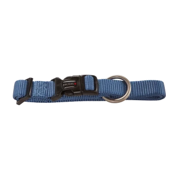 Blaues verstellbares Nylon-Hundehalsband mit schwarzer Kunststoffschnalle mit der Aufschrift „Wolters“ und Metall-D-Ring.