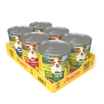 Sechs Josera 'Meat Lovers' Hundefutterdosen (Chicken & Carrot, Beef & Potato) in gelber 'ADULT'-Präsentationsschale, Hund auf den Etiketten.