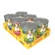 Sechs Josera 'Meat Lovers' Hundefutterdosen (Chicken & Carrot, Beef & Potato) in gelber 'ADULT'-Präsentationsschale, Hund auf den Etiketten.