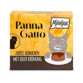Panna Gatto Katzenfutterbox (MjAMjAM), gelb mit cartoonartiger grauer Katze, die ein Dessert leckt, Hühnersymbol und Text 'ZARTES HÜHNCHEN'.