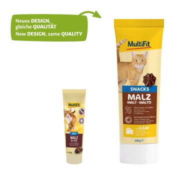 Two MultiFit cat treat tubes: "Snacks Malz" with a cat and chocolate treat, and "Adult Malz mit Käse" with cheese flavor. New design, same quality.