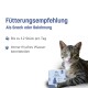 Getigerte Katze mit 'Sardine Essential'-Dose und deutschem Text: Fütterungsempfehlung – Als Snack oder Belohnung; Bis zu 12 Stück pro Tag
