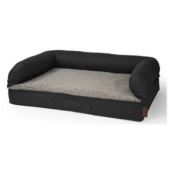 Liegeplatz Ortho Supreme XL Schwarzes Haustierbett mit plüschigem grauen Innenraum und erhöhten Seiten für Komfort, mit einem seitlichen Griff für einfachen Transport.