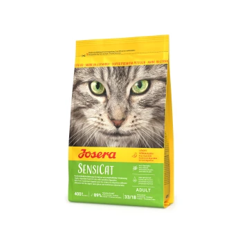 Trockenfutter Katze, Adult, SensiCat 400 g Josera Sensicat Katzenfutterbeutel (400g) mit dem Gesicht einer Katze, das die hohe Verdaulichkeit, 89% tierisches Protein und Made in Germany hervorhebt.