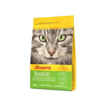 Josera Sensicat Katzenfutterbeutel (400g) mit dem Gesicht einer Katze, das die hohe Verdaulichkeit, 89% tierisches Protein und Made in Germany hervorhebt.