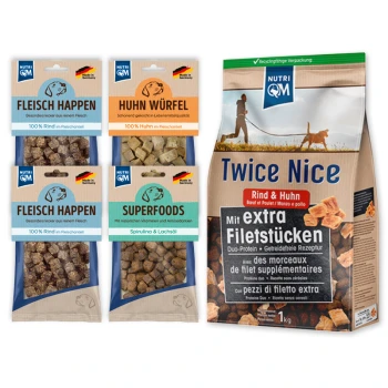 Tiernahrungsprodukte von Nutri QM: "Fleisch Happen" Rindfleisch-Leckerlis, "Huhn Würfel" Hühner-Leckerlis, "Superfoods" mit Spirulina und "Twice Nice" Trockenfutter.