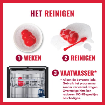 Rood KONG-speelgoed in een sopkom, geschrobd en in de vaatwasser; Nederlandse tekst: 'HET REINIGEN'; 1 WEKEN, 2 REINIGEN, 3 VAATWASSER.