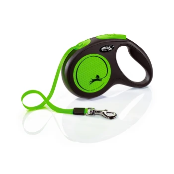 A green and black retractable dog leash with a circular handle and a clip at the end, featuring a honeycomb pattern and a silhouette of a dog.