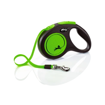 A green and black retractable dog leash with a circular handle and a clip at the end, featuring a honeycomb pattern and a silhouette of a dog.