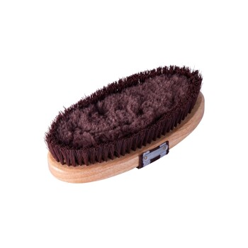 Eine braune Haustierpflegebürste mit weichen Borsten und einem Holzgriff, entworfen für eine effektive Haustierpflege.