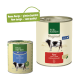 Zwei Dosen Tiernahrung: die größere beschriftet mit "Rind mit Kartoffeln," die kleinere "Royal." Grüner Sprechblasenhinweis: "Neues Design – gleiche Qualität!"