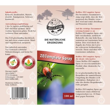 Etikett für Bellfor ZEComplete Spray, mit einer Zeckenillustration, Produktdetails und Anwendungshinweisen auf Deutsch. 100 ml.