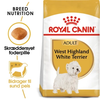 West Highland White Terrier Adult 3 kg Royal Canin Adult Hundefutter für West Highland White Terriers, mit einem Kibble-Bild und Text auf Dänisch über maßgeschneiderte Ernährung und gesundes Fell.