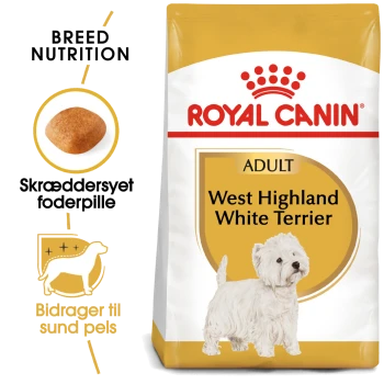 Royal Canin Adult Hundefutter für West Highland White Terriers, mit einem Kibble-Bild und Text auf Dänisch über maßgeschneiderte Ernährung und gesundes Fell.
