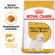 Royal Canin Adult dog food for West Highland White Terriers, featuring a kibble image and text in Danish about tailored nutrition and healthy coat.
