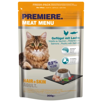 Die Verpackung von Katzenfutter zeigt eine flauschige braune Katze mit grünen Augen, beschriftet mit 'Premiere Meat Menu' mit 52% Geflügel und Lachs für erwachsene Katzen.