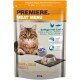 Kattenvoer verpakking toont een fluffy bruine kat met groene ogen, gelabeld 'Premiere Meat Menu' met 52% gevogelte en zalm voor volwassen katten.
