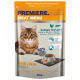 Die Verpackung von Katzenfutter zeigt eine flauschige braune Katze mit grünen Augen, beschriftet mit 'Premiere Meat Menu' mit 52% Geflügel und Lachs für erwachsene Katzen.