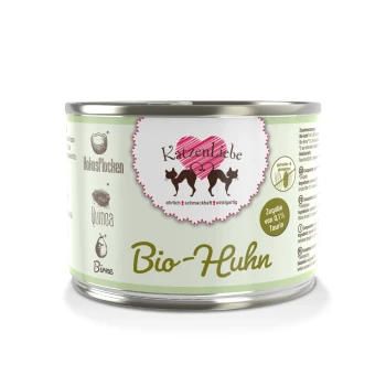 Eine Dose Bio-Katzenfutter mit der Aufschrift "Bio-Huhn" von der Marke Katzenliebe, mit einem Herzlogo und Bildern von Zutaten wie Quinoa und Birne.