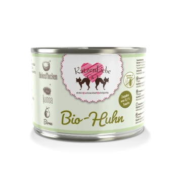 Eine Dose Bio-Katzenfutter mit der Aufschrift "Bio-Huhn" von der Marke Katzenliebe, mit einem Herzlogo und Bildern von Zutaten wie Quinoa und Birne.