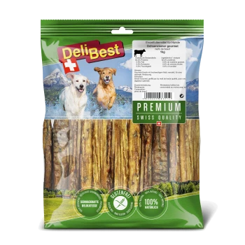DeliBest 1kg Premium-Hundeleckerlis: glutenfreie Rindersticks, 100% natürlich, mit Bildern von Golden Retrievern auf der Verpackung.