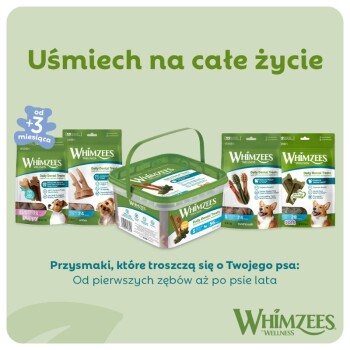 Ekspozycja przysmaków dentystycznych Whimzees — pojemniki i saszetki z wizerunkami psów, slogan „Uśmiech na całe życie”.