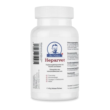 Flasche Dr. Hölter Heparvet, ein Nahrungsergänzungsmittel für Hunde und Katzen, 40g feines Pulver, mit Zutaten wie Curcuma und Omega-3-Fettsäuren.