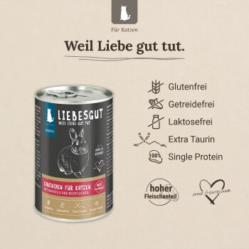 Liebesgut Katzenfutterdose „Kaninchen für Katzen“ mit Hasenskizze und Überschrift „Weil Liebe gut tut.“