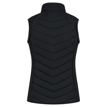 Schwarze ärmellose Steppweste mit Chevron-Muster und hohem Kragen, von hinten präsentiert.