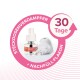 Kit de diffuseur CatComfort Excellence avec bouteille de recharge, étiqueté "30 Tage" et "Steckdosendampfer + Nachfüll-Flakon" sur un fond circulaire rose.