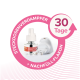 CatComfort Excellence Diffusor-Kit mit Nachfüllflasche, beschriftet mit '30 Tage' und 'Steckdosendampfer + Nachfüll-Flakon' auf einem pinken, runden Hintergrund.