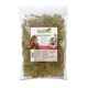 Eine durchsichtige Tüte mit grünen Kräuter-Horse-Sweets mit der Aufschrift "Stiefel Kräuterlix" und einem Pferdebild sowie "Leckere Belohnung" auf Deutsch und Englisch.