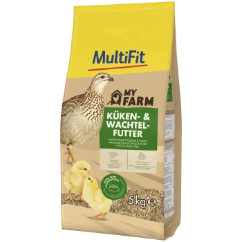 MultiFit My Farm 5-kg-Sack Küken- & Wachtelfutter mit Wachtel und zwei Küken; Schriftzug 'Küken- & Wachtel-Futter'.