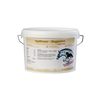 Behälter mit EquiPower Magnesium für Pferde, mit Dosierungsanweisungen und Vorteilen für das Wohlbefinden, mit einer Pferdeillustration.