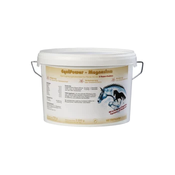Behälter mit EquiPower Magnesium für Pferde, mit Dosierungsanweisungen und Vorteilen für das Wohlbefinden, mit einer Pferdeillustration.