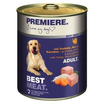Dose Hundefutter mit der Aufschrift "Premiere Best Meat" mit Truthahn, Reis und Karotten, mit dem Text "für erwachsene Hunde" deutlich sichtbar.
