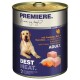 Nourriture en conserve pour chiens étiquetée "Premiere Best Meat" avec de la dinde, du riz et des carottes, avec le texte "pour les chiens adultes" affiché en évidence.