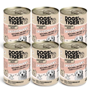 Grünschnabel 6x400 g Sechs Dosen DOGS'n TIGER Tiernahrung, beschriftet mit 'Schlemmer-Menü', mit 'Grünschnabel' mit Huhn, Reis, Karotten und Zucchini.